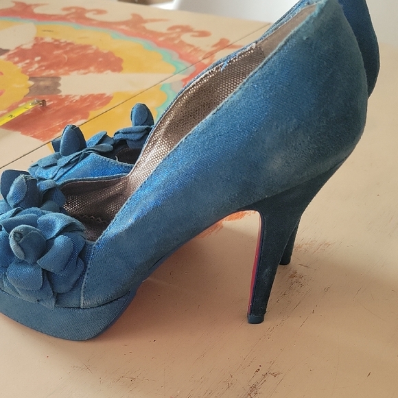 Blue Floral Peep-Toe Women's Shoes 8 - Picture 2 of 5